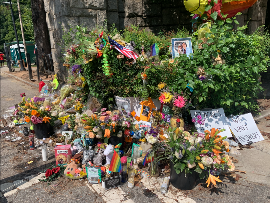 The memorial of Katherine Janness and her dog Bowie. Flowers, signs, dog treats, candles.
