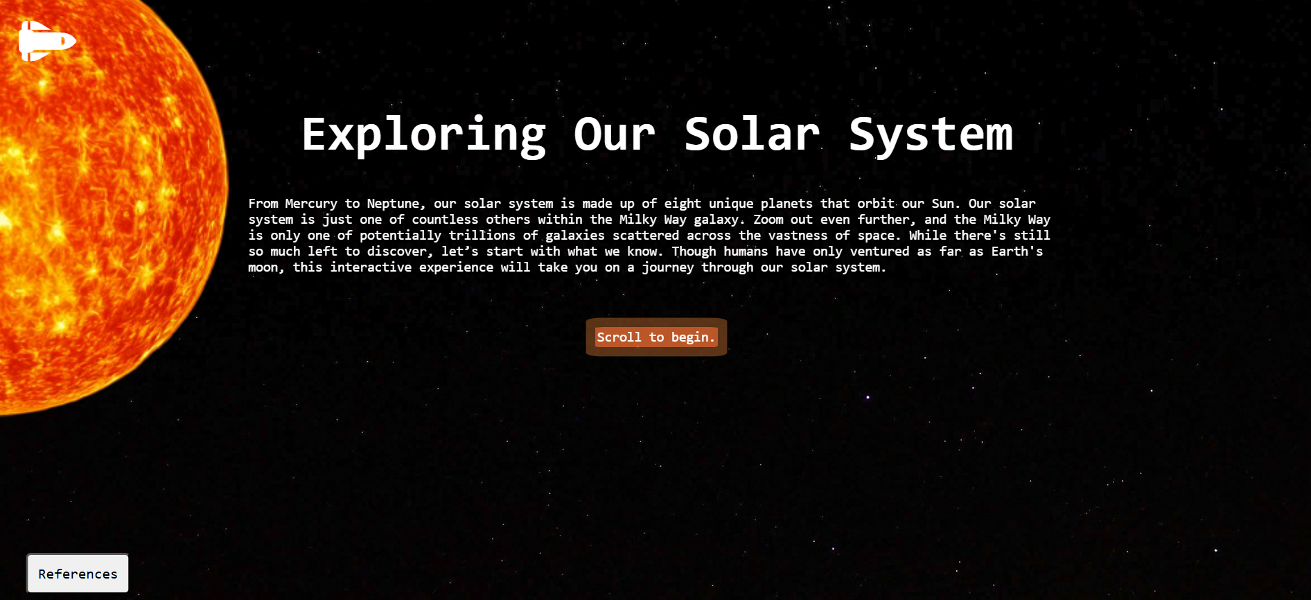 An image of the homepage for solar system project